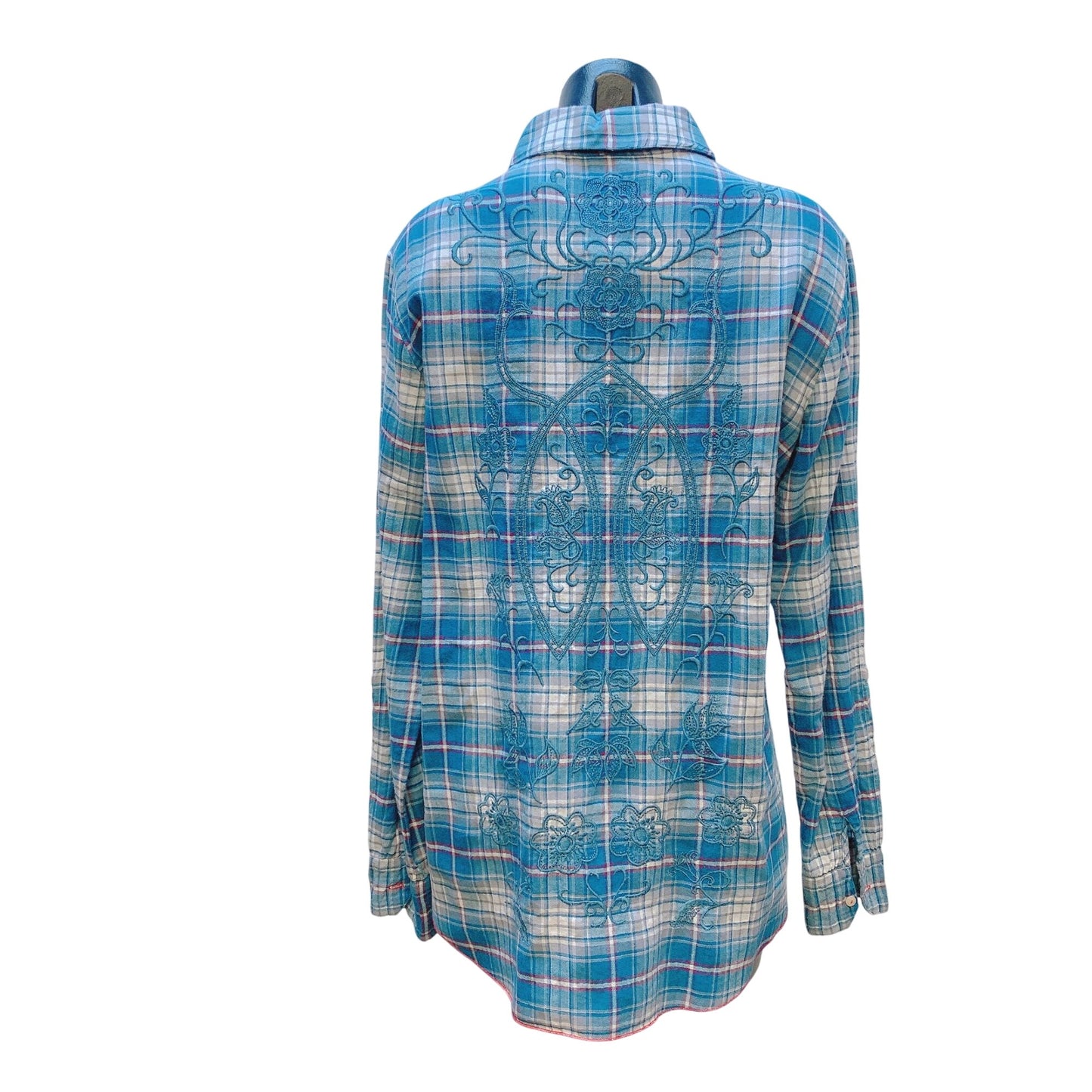 Johnny Was 3J Workshop Blue Plaid Embroidered Button-Up Shirt M