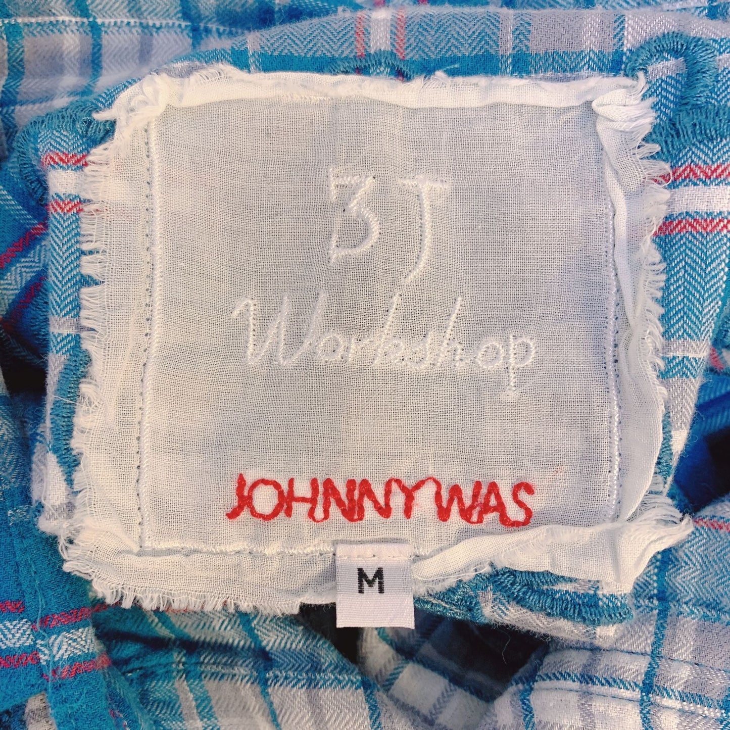 Johnny Was 3J Workshop Blue Plaid Embroidered Button-Up Shirt M