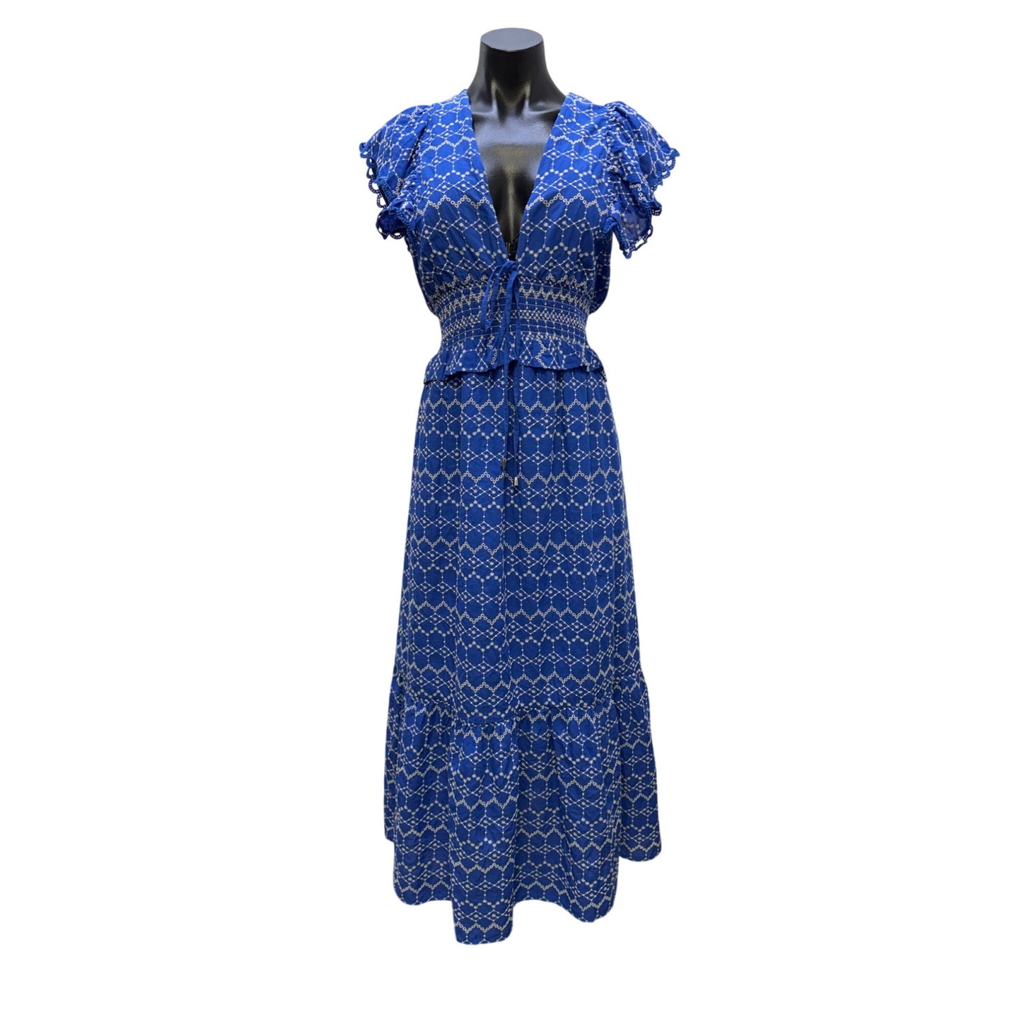 O.P.T Blue & White Embroidered Midi Dress With Ruffled Sleeves M