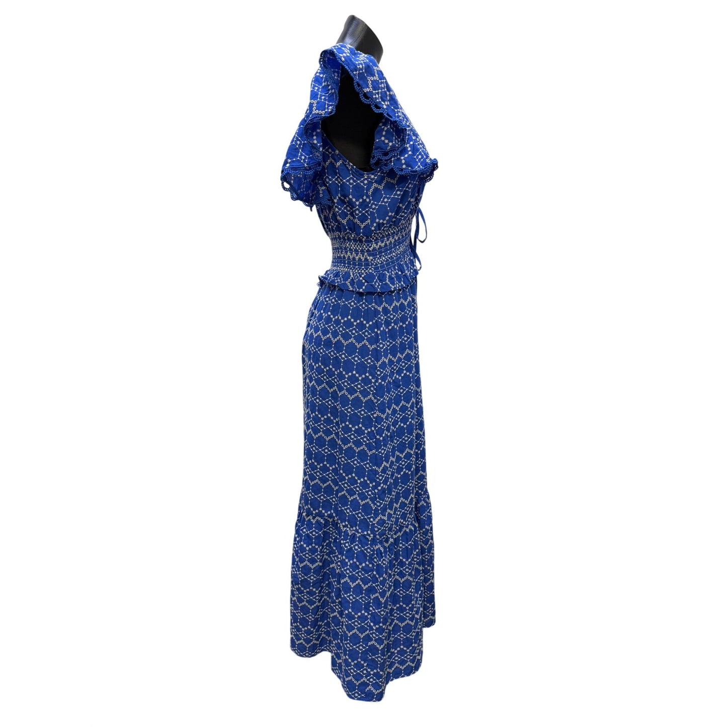 O.P.T Blue & White Embroidered Midi Dress With Ruffled Sleeves M