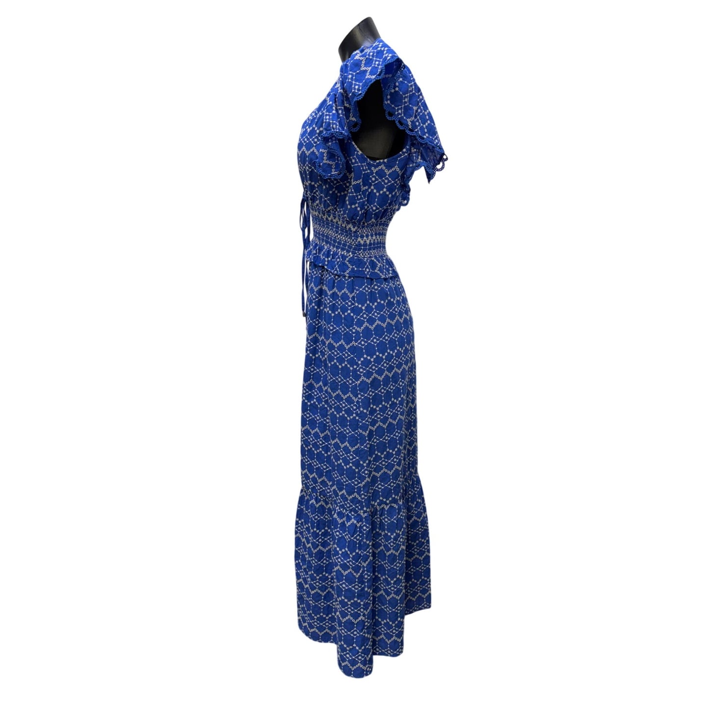 O.P.T Blue & White Embroidered Midi Dress With Ruffled Sleeves M