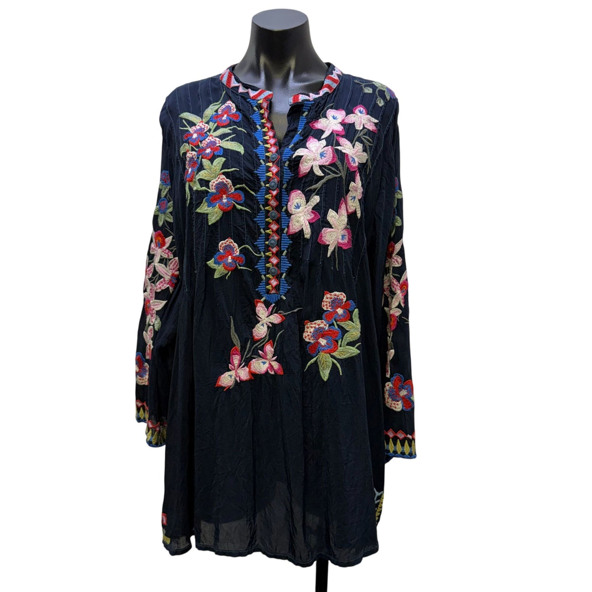 Johnny Was Embroidered Navy Floral Tunic Blouse 2XL