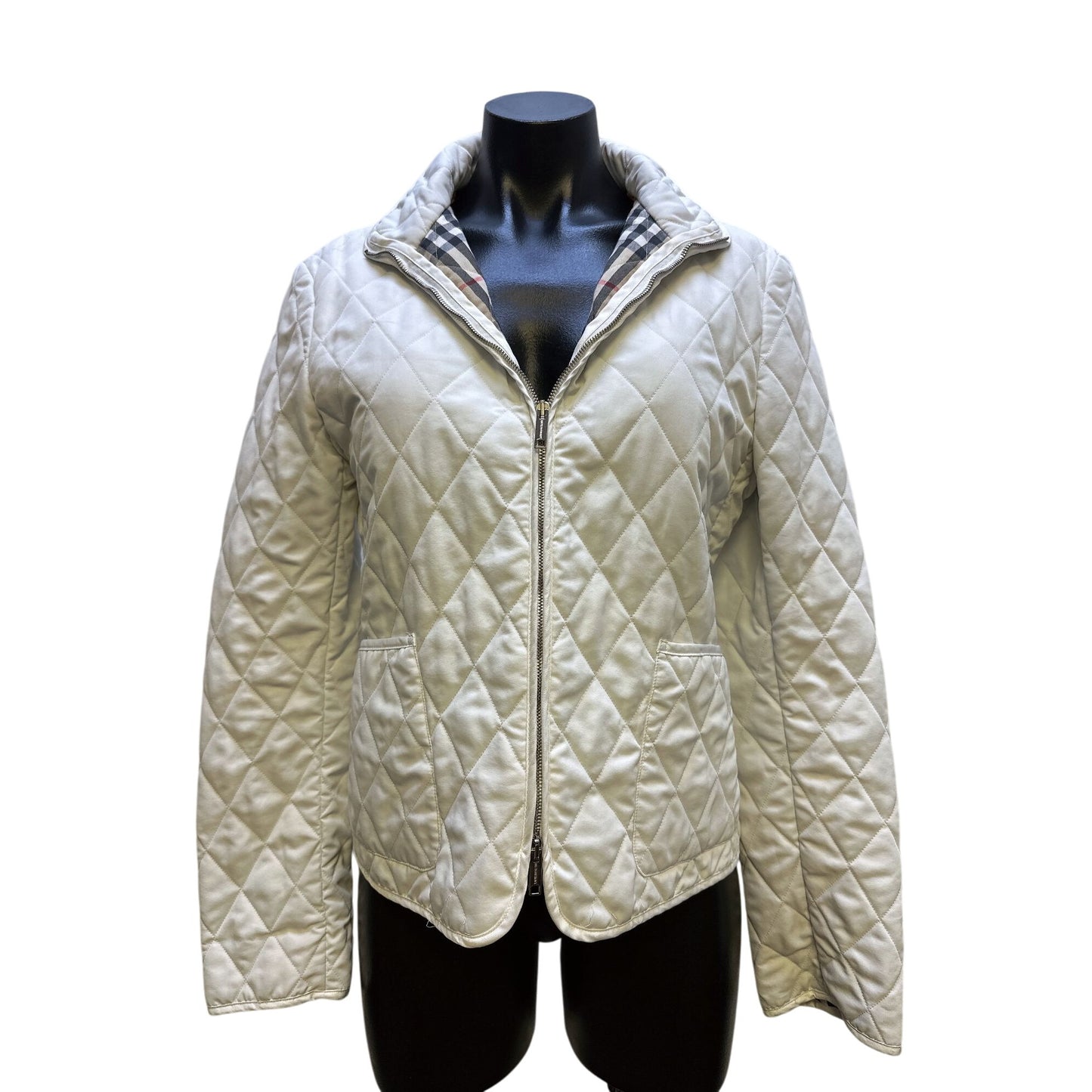 Burberry Quilted Jacket w/Plaid Lining & Zip Closure Ivory S