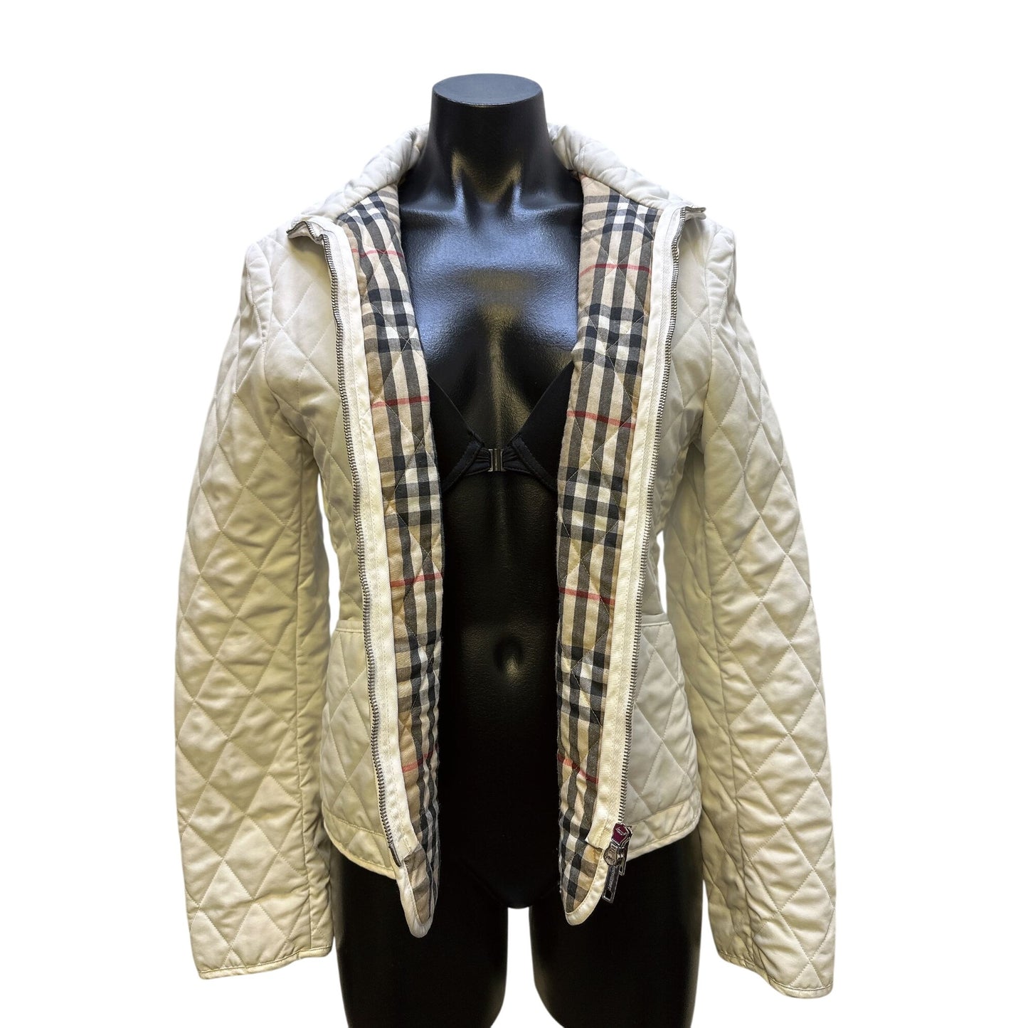 Burberry Quilted Jacket w/Plaid Lining & Zip Closure Ivory S