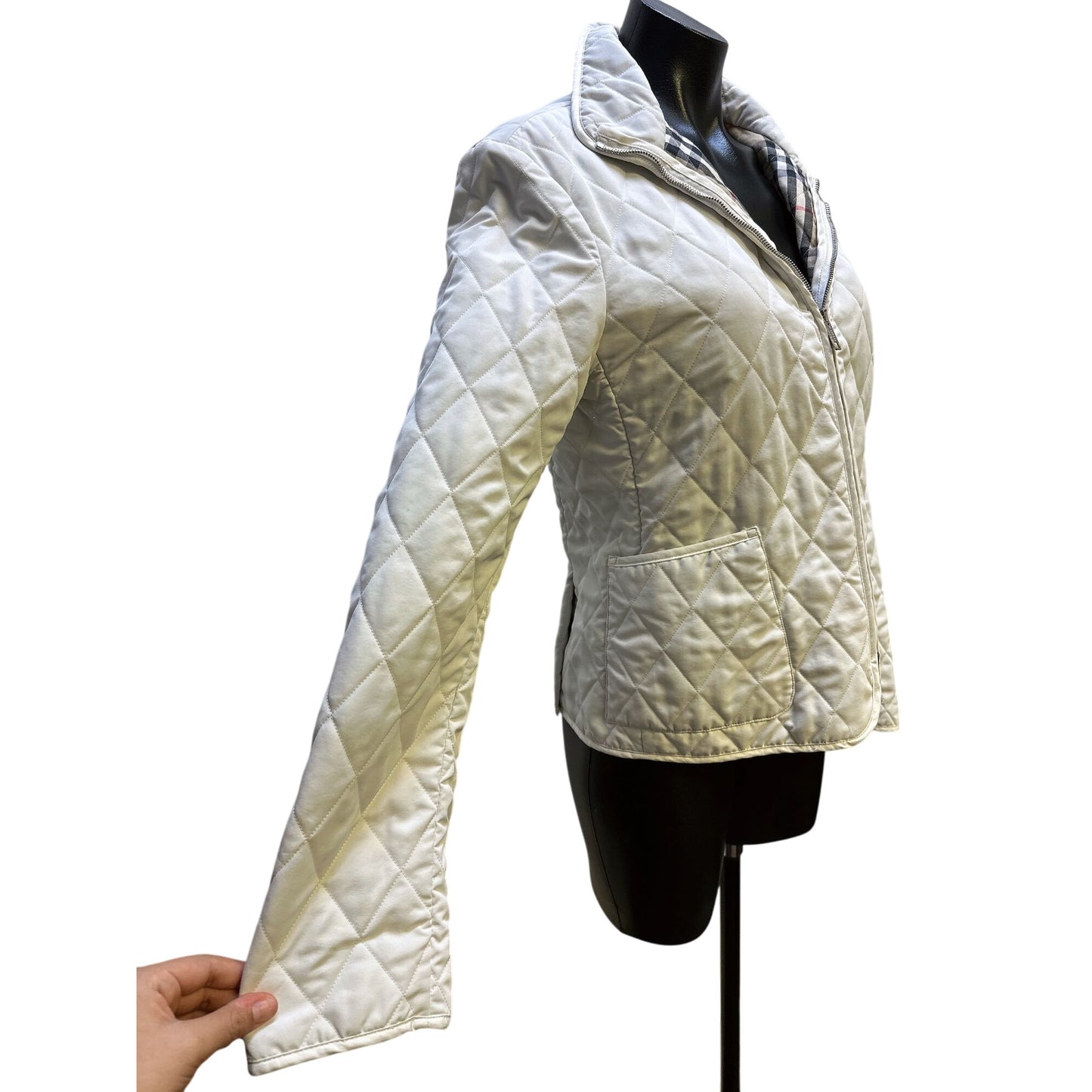 Burberry Quilted Jacket w/Plaid Lining & Zip Closure Ivory S