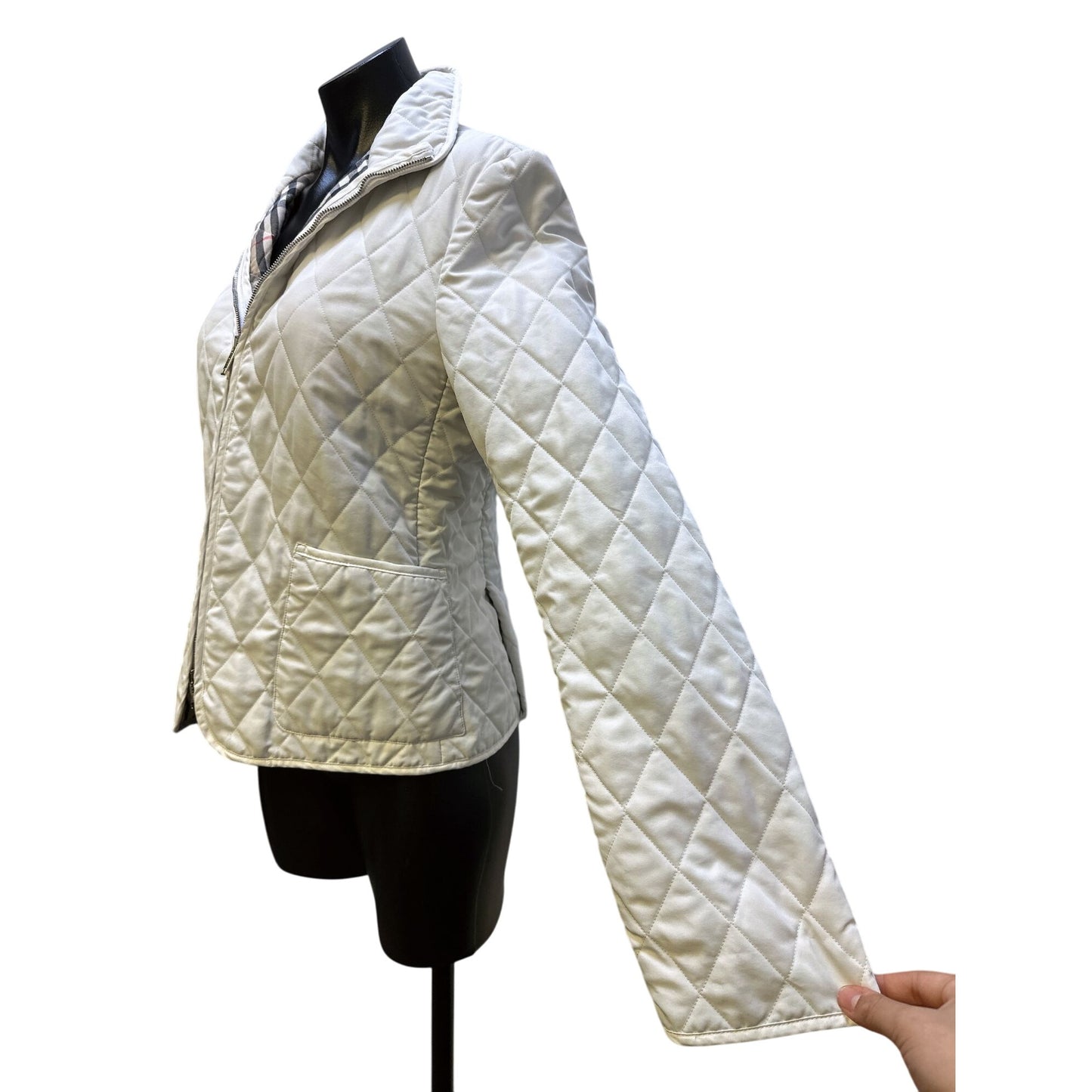 Burberry Quilted Jacket w/Plaid Lining & Zip Closure Ivory S