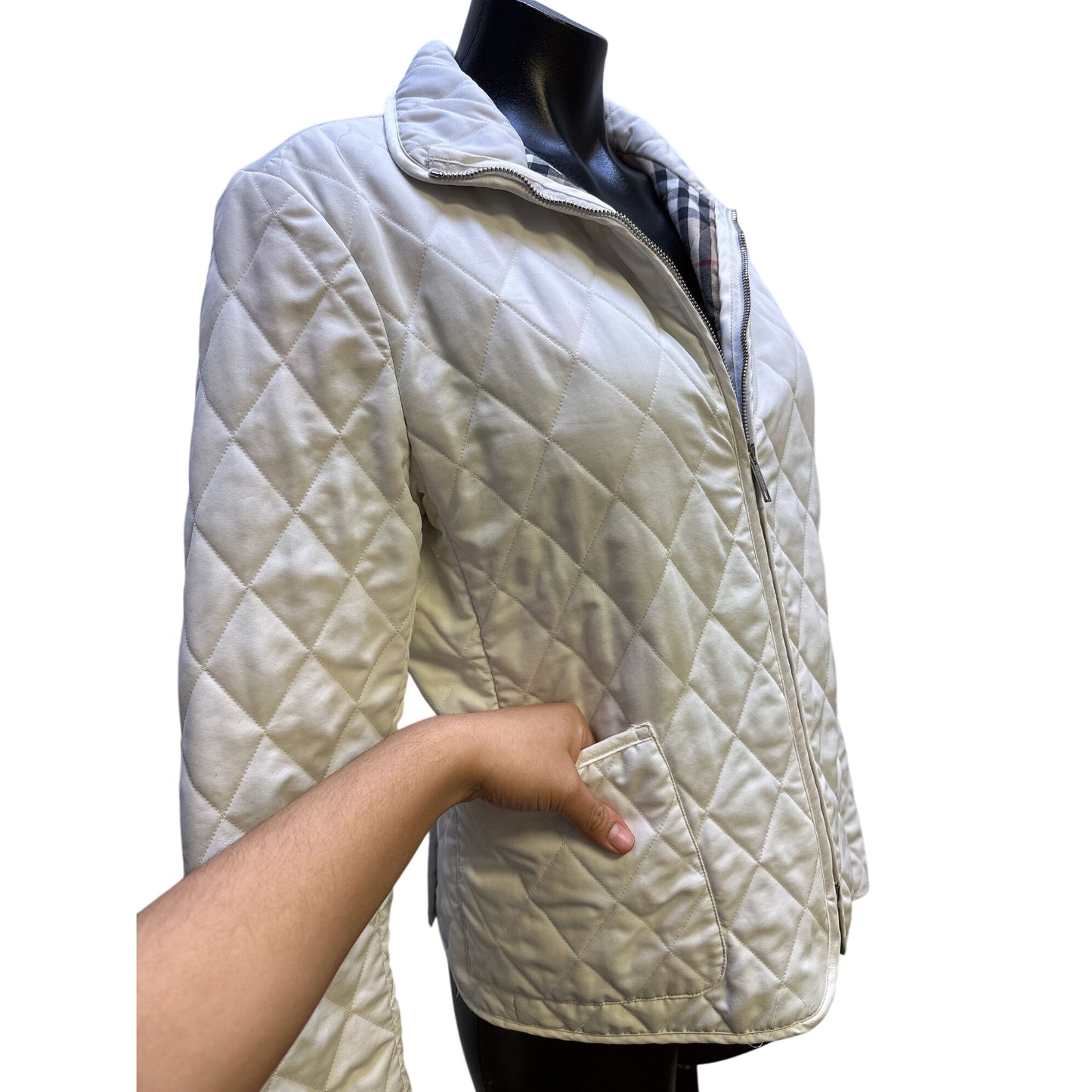 Burberry Quilted Jacket w/Plaid Lining & Zip Closure Ivory S