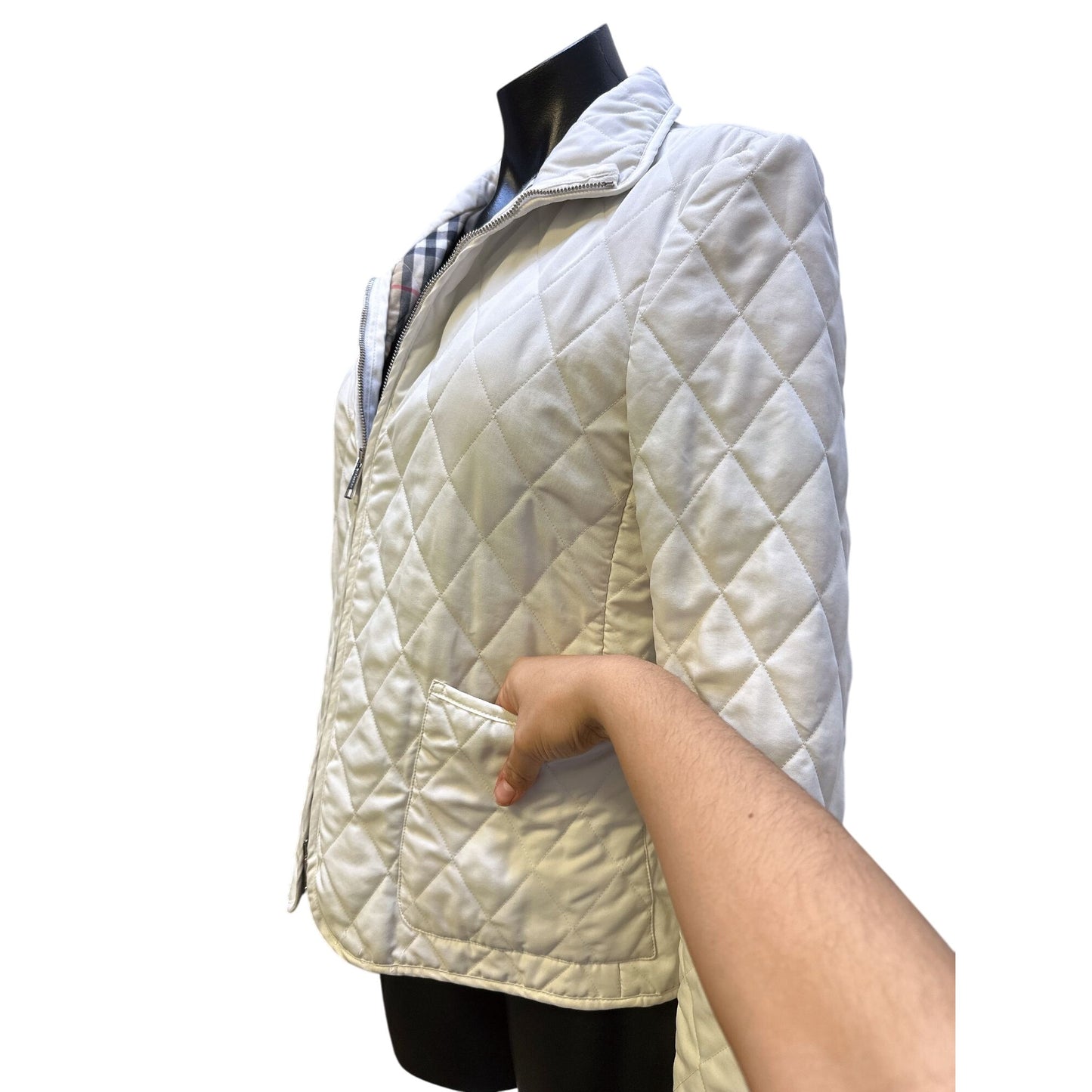 Burberry Quilted Jacket w/Plaid Lining & Zip Closure Ivory S