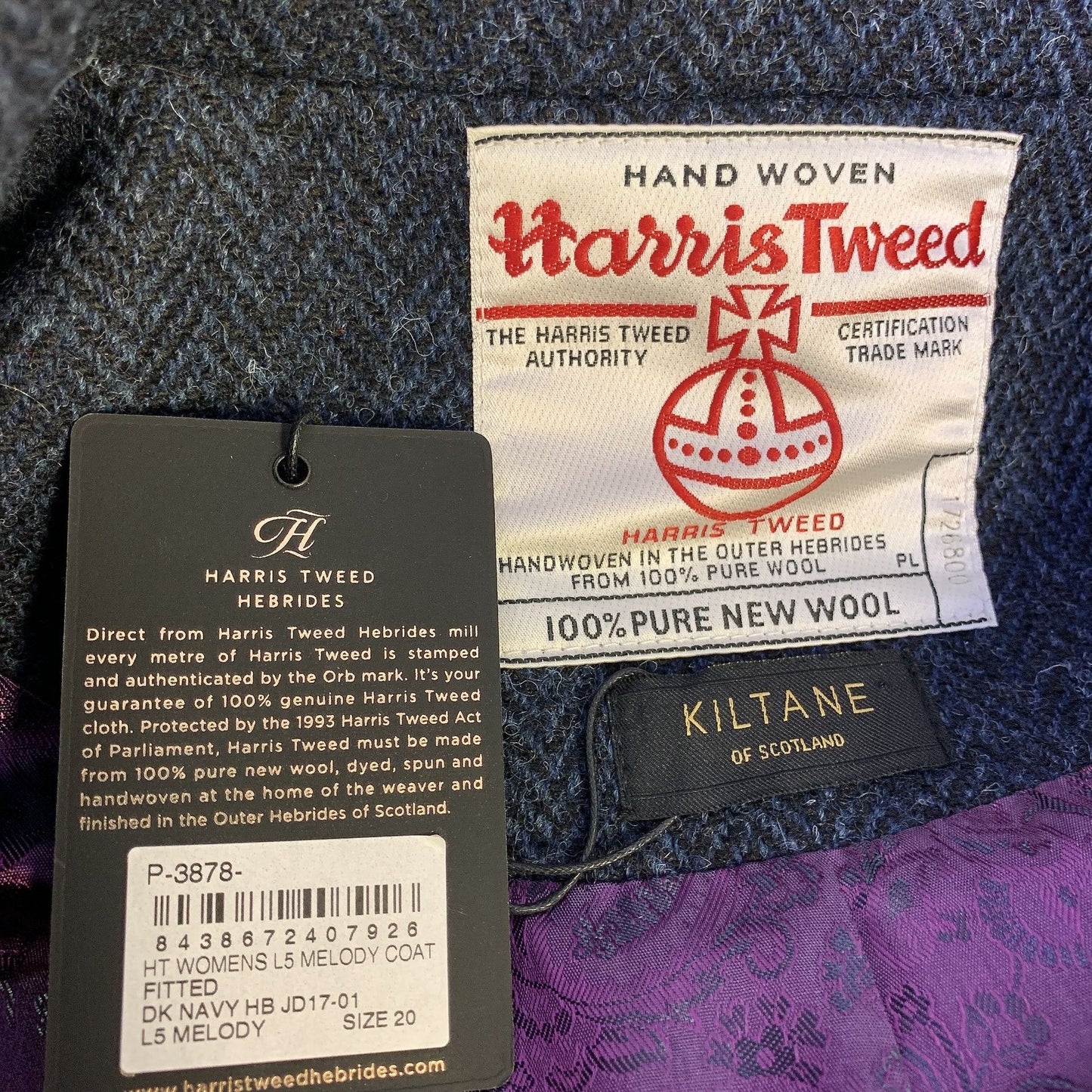 NWT Harris Tweed Navy Double-Breasted Wool Coat Size 16