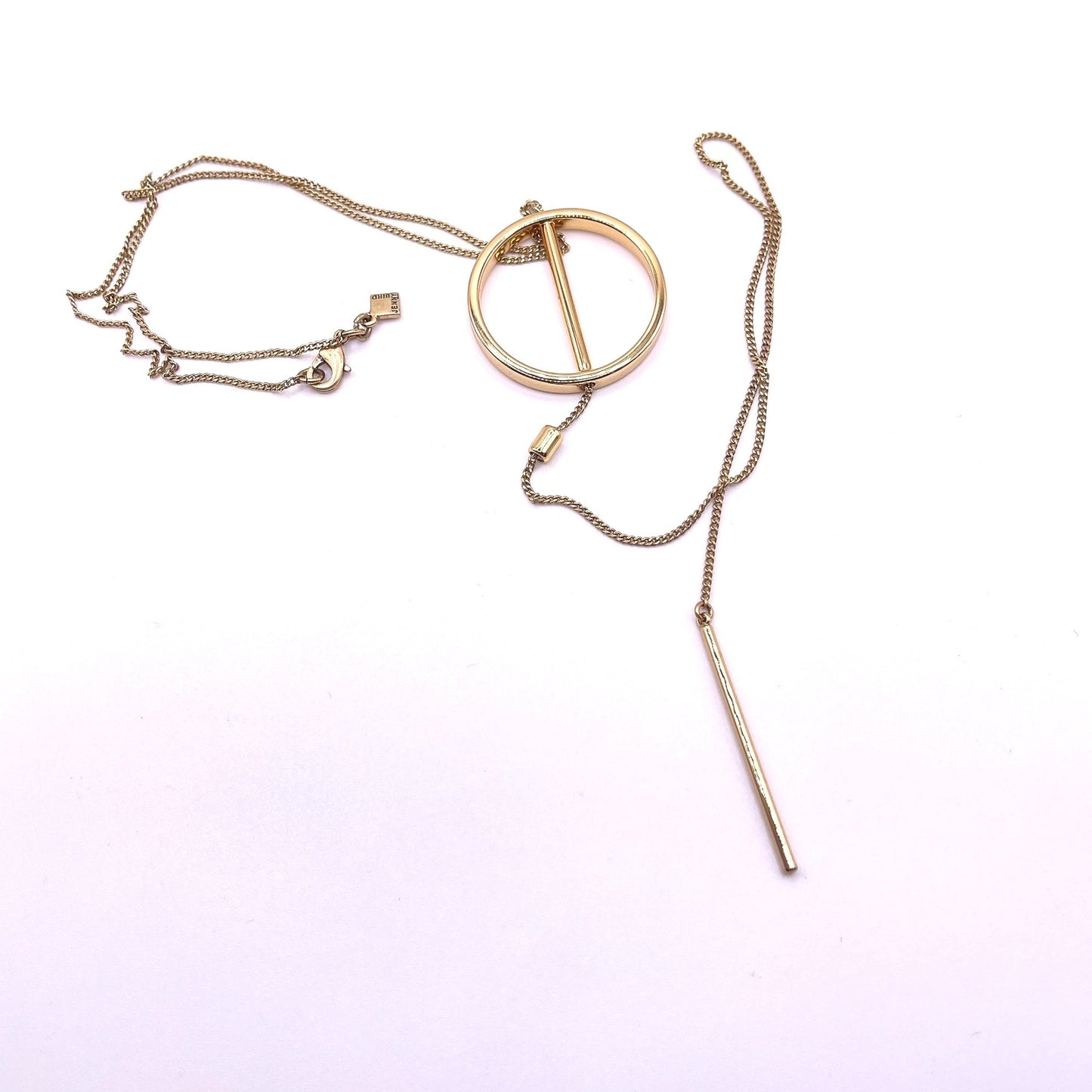 Jenny Bird Gold Circle Lariat Necklace Adjustable Chain Bar Pendant Modern Minimalist
