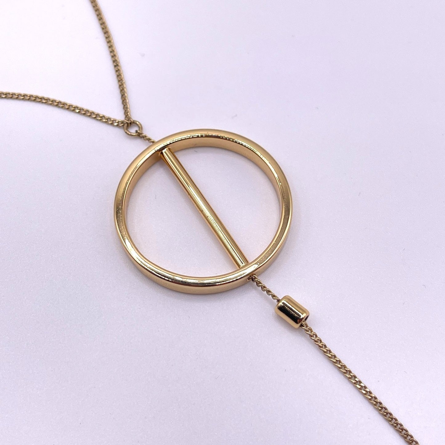 Jenny Bird Gold Circle Lariat Necklace Adjustable Chain Bar Pendant Modern Minimalist