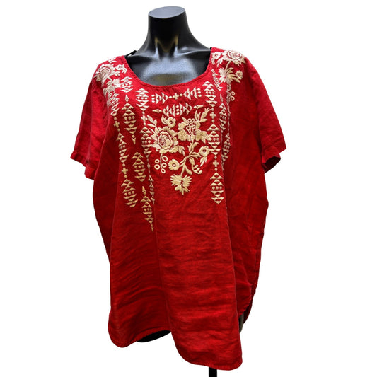 Johnny Was Los Angeles Embroidered Blouse Red XL