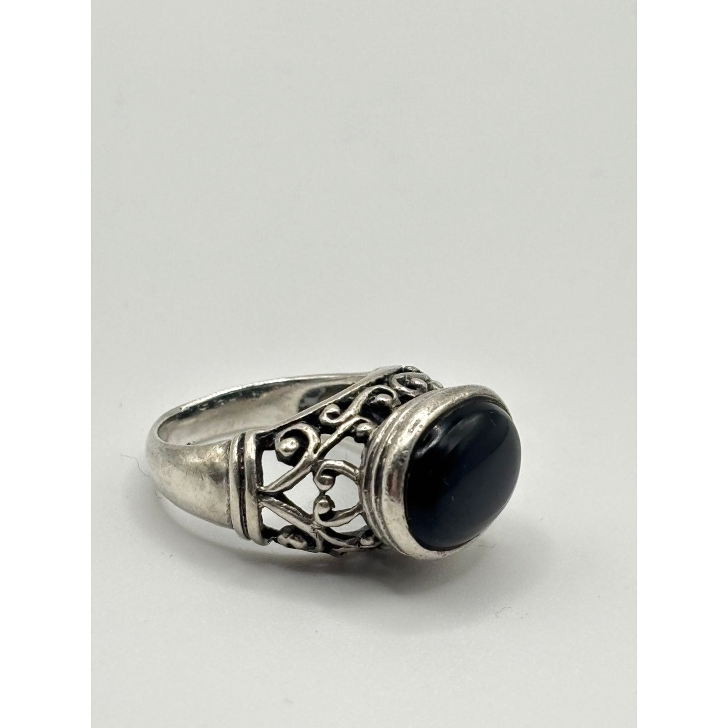 Black Onyx 925 Sterling Silver Filigree Ring Size 7.5