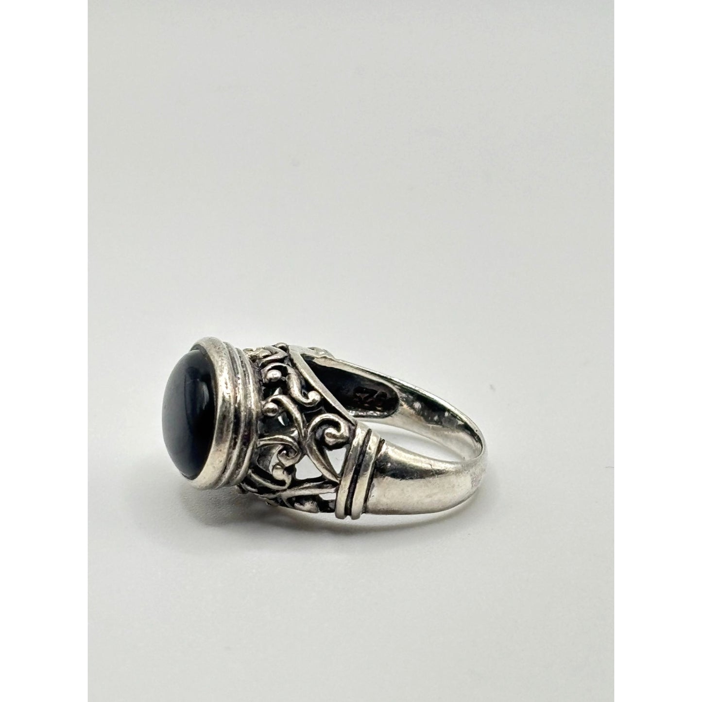 Black Onyx 925 Sterling Silver Filigree Ring Size 7.5