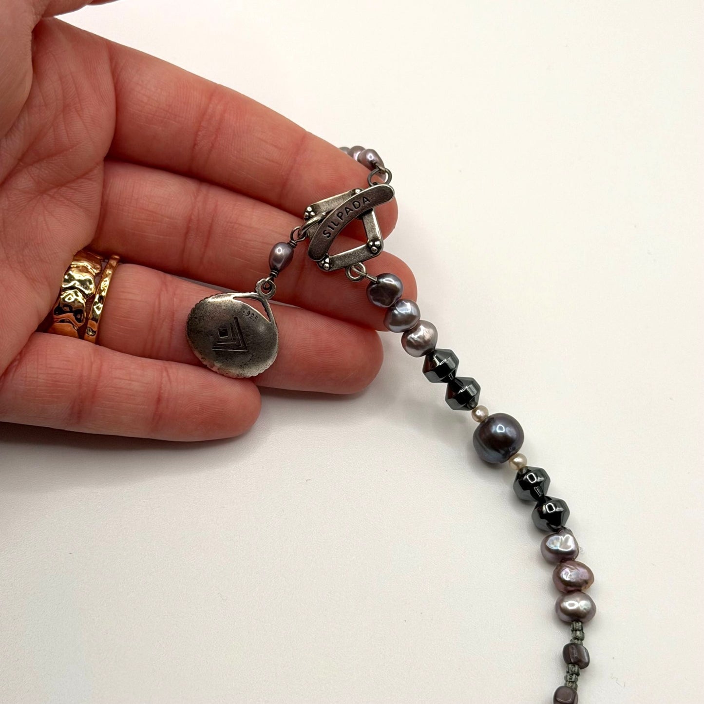 Silpada 925 Sterling Silver Hematite Glass Grey Pearl Shell Necklace