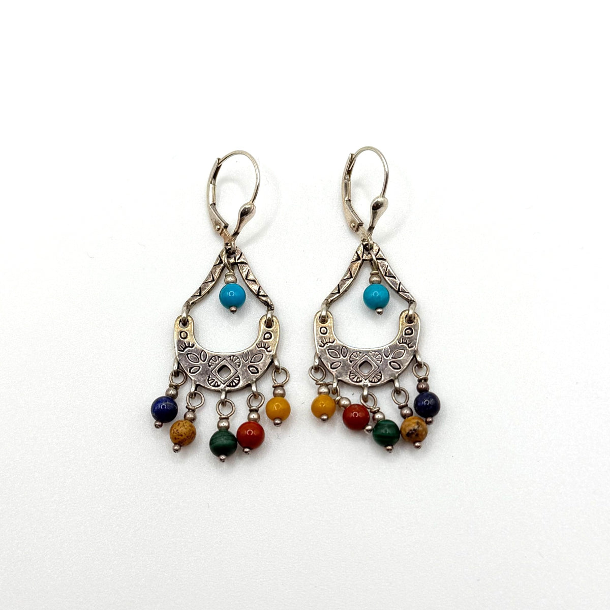 Vintage 925 Silver Dangle Earrings With Multicolor Gemstone Beads