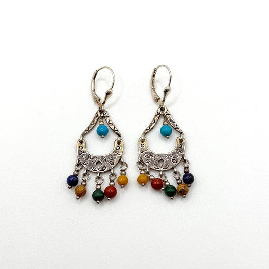 Vintage 925 Silver Dangle Earrings With Multicolor Gemstone Beads