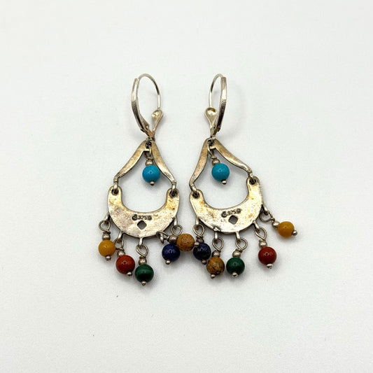 Vintage 925 Silver Dangle Earrings With Multicolor Gemstone Beads