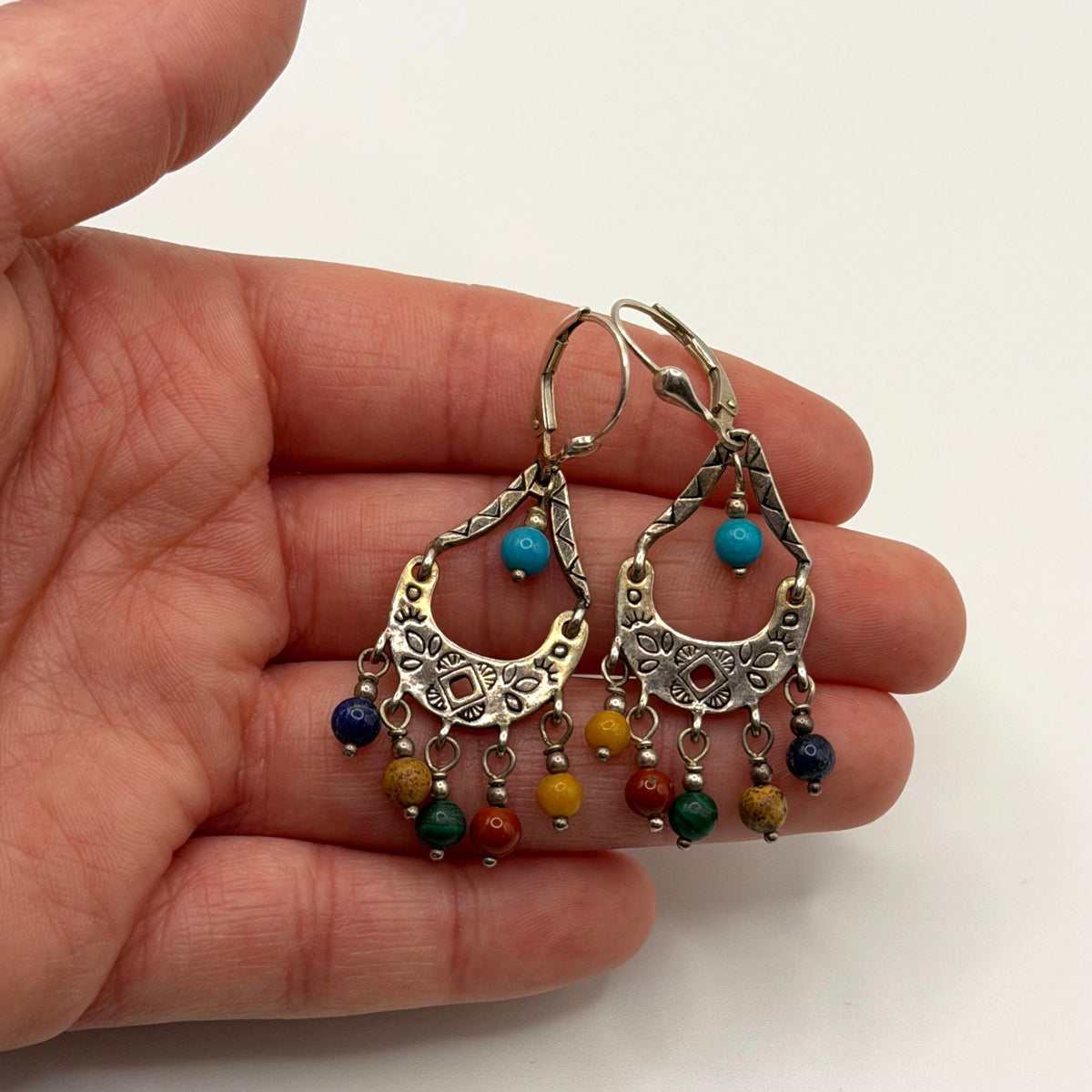 Vintage 925 Silver Dangle Earrings With Multicolor Gemstone Beads