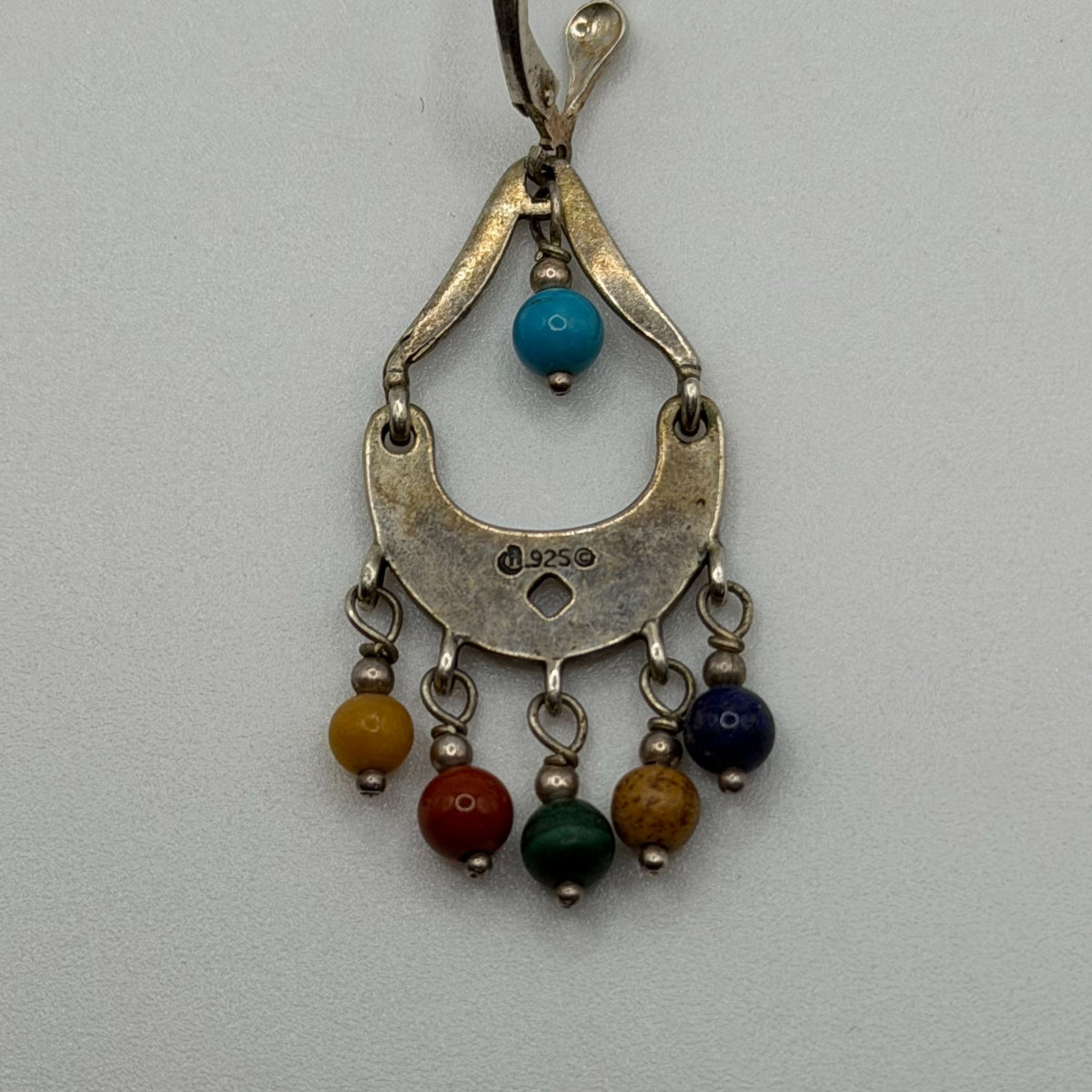 Vintage 925 Silver Dangle Earrings With Multicolor Gemstone Beads