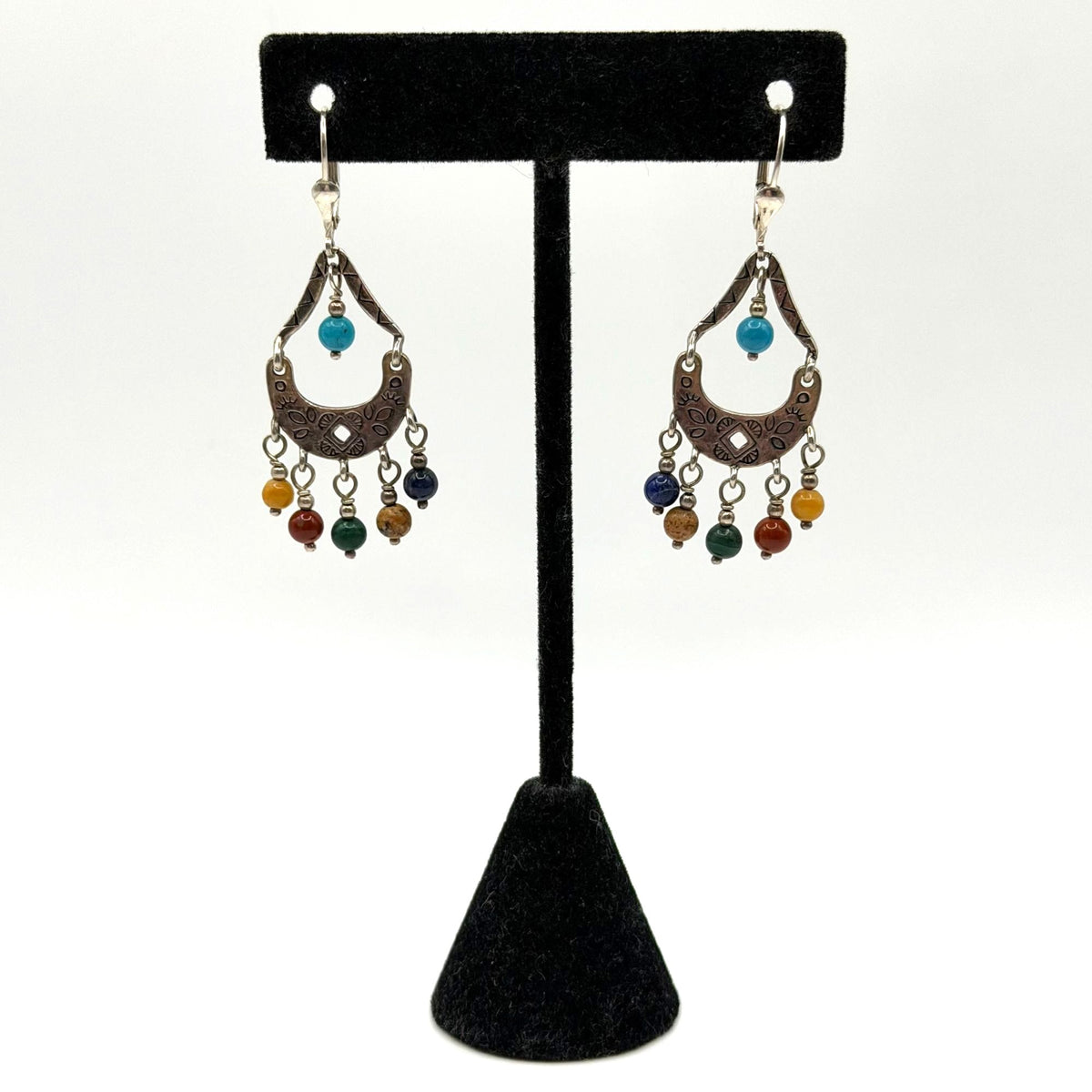 Vintage 925 Silver Dangle Earrings With Multicolor Gemstone Beads