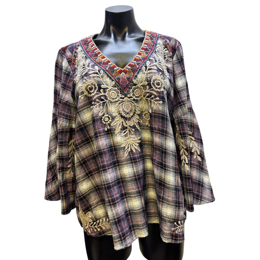NWT Johnny Was Mica Swing Blouse Plaid Embroidered L