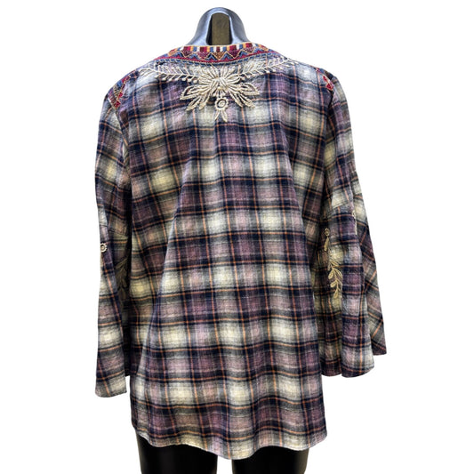 NWT Johnny Was Mica Swing Blouse Plaid Embroidered L