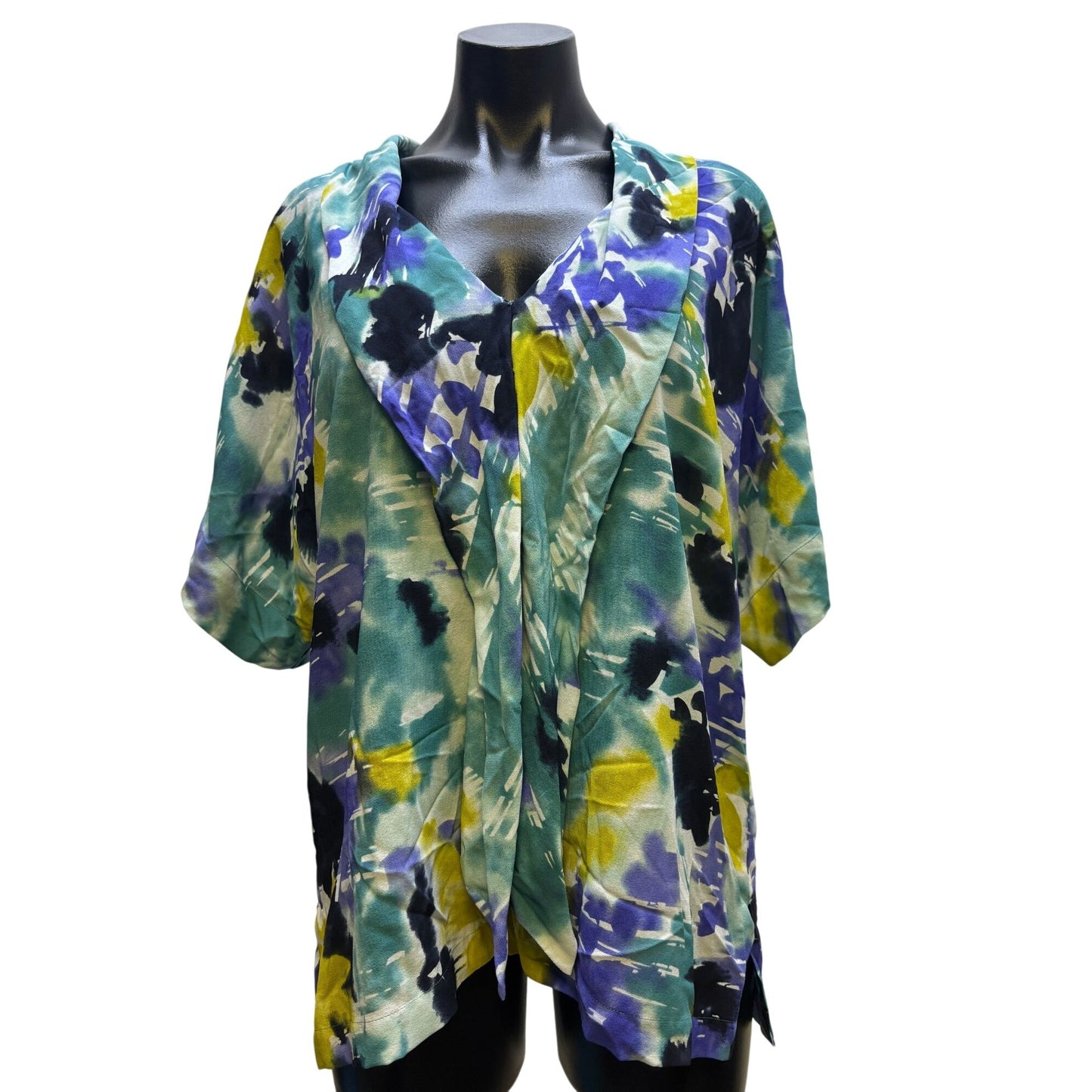 NWT St. John Silk & Lycra Blouse Teal Purple Abstract Print L
