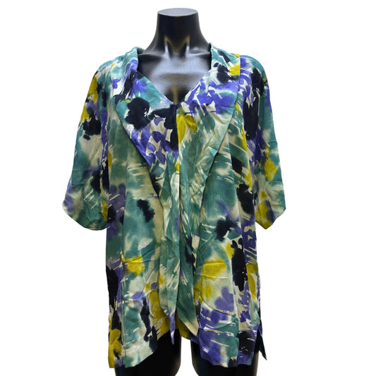 NWT St. John Silk & Lycra Blouse Teal Purple Abstract Print L