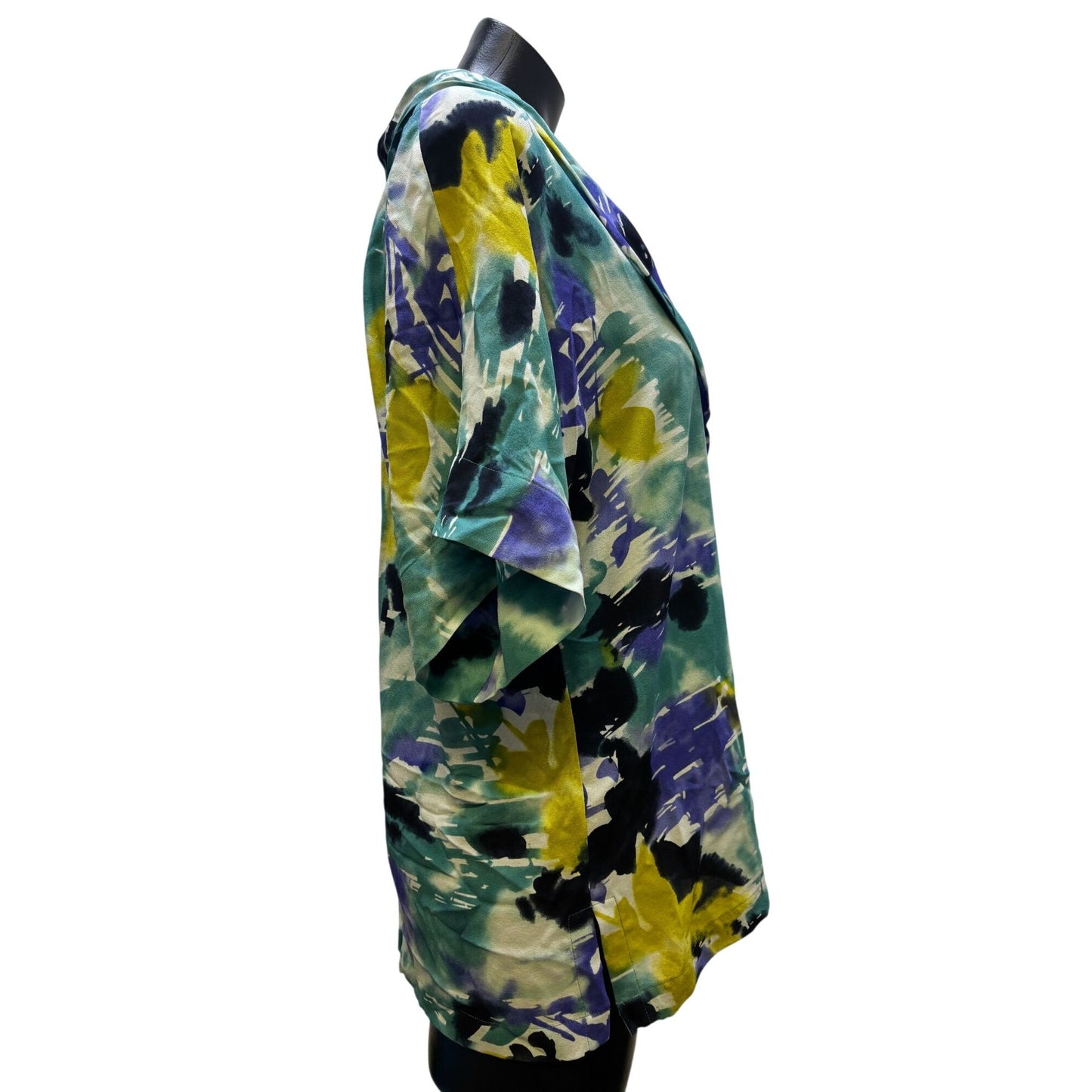 NWT St. John Silk & Lycra Blouse Teal Purple Abstract Print L
