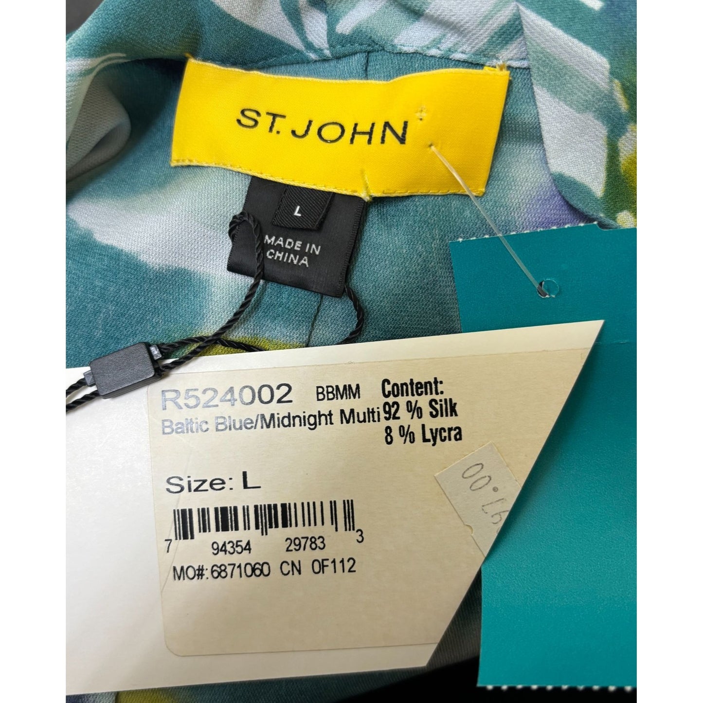 NWT St. John Silk & Lycra Blouse Teal Purple Abstract Print L