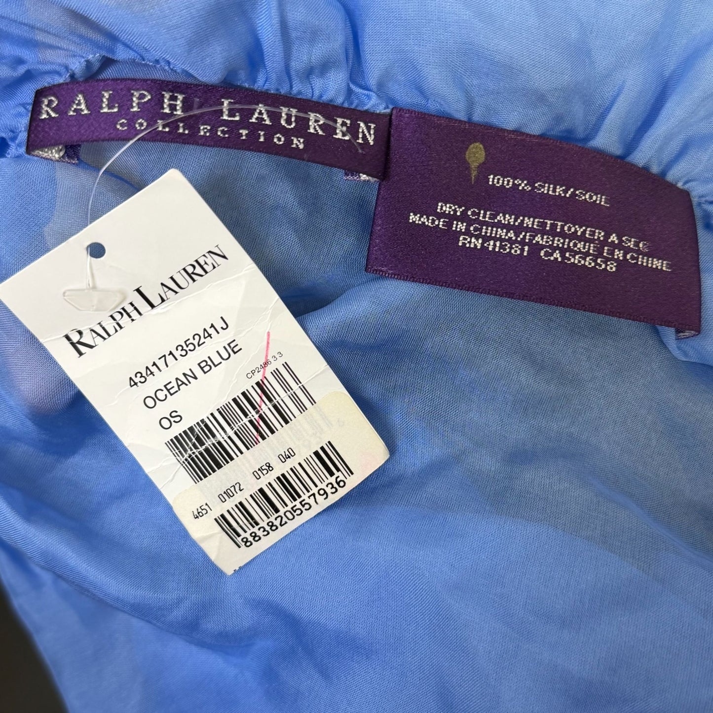 Ralph Lauren Ocean Blue Silk Ruffled Luxe Scarf Wrap