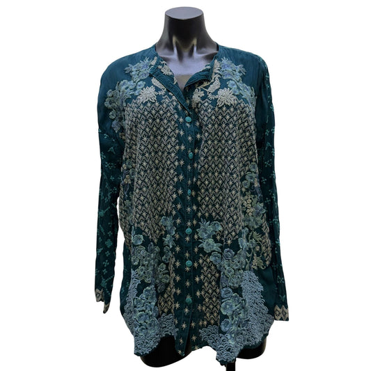 Johnny Was Embroidered Teal Blue Long Sleeve Blouse XS