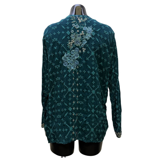 Johnny Was Embroidered Teal Blue Long Sleeve Blouse XS