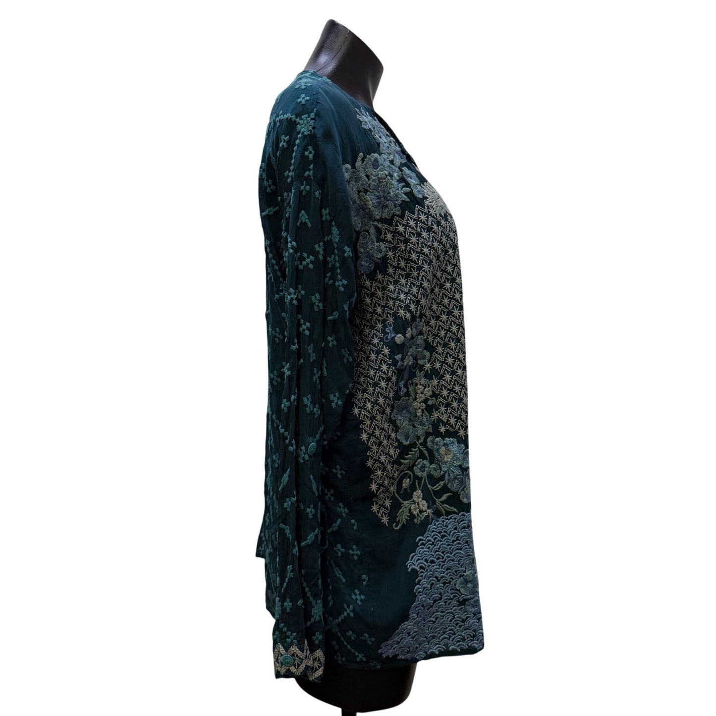 Johnny Was Embroidered Teal Blue Long Sleeve Blouse XS