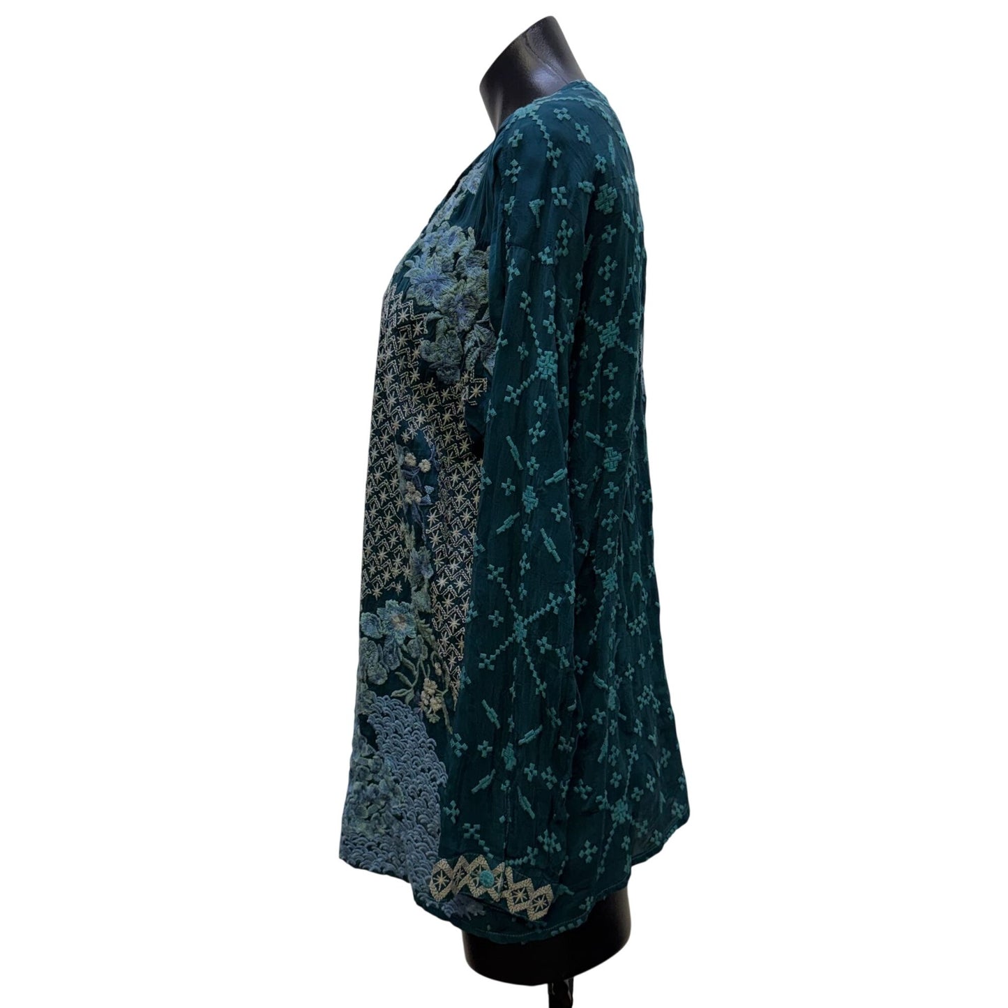Johnny Was Embroidered Teal Blue Long Sleeve Blouse XS
