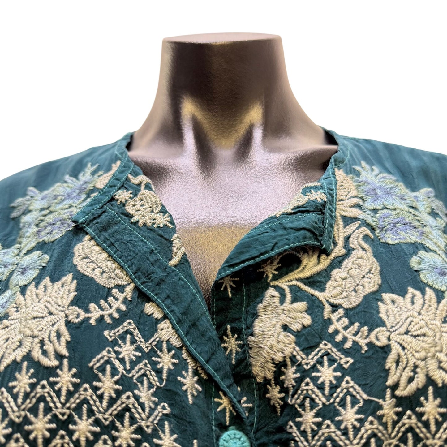 Johnny Was Embroidered Teal Blue Long Sleeve Blouse XS