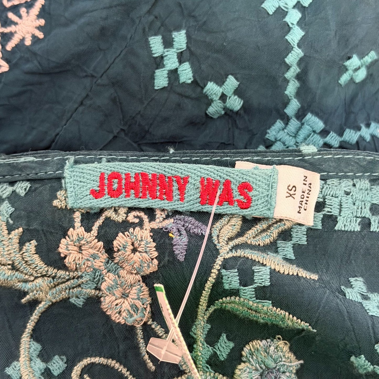 Johnny Was Embroidered Teal Blue Long Sleeve Blouse XS