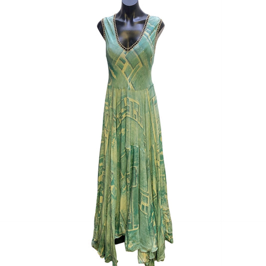 Biya by JW Teal Sleeveless Silk Maxi Dress w/Abstract Print Size S