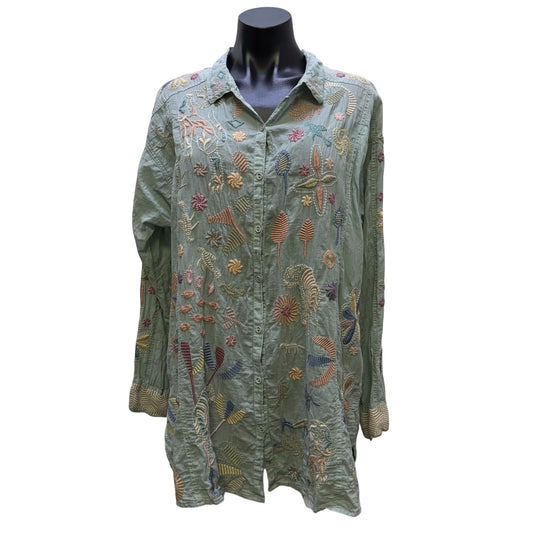 Johnny Was Biya Embroidered Green Button-Down Blouse Size L