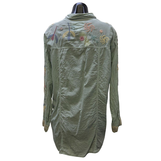 Johnny Was Biya Embroidered Green Button-Down Blouse Size L