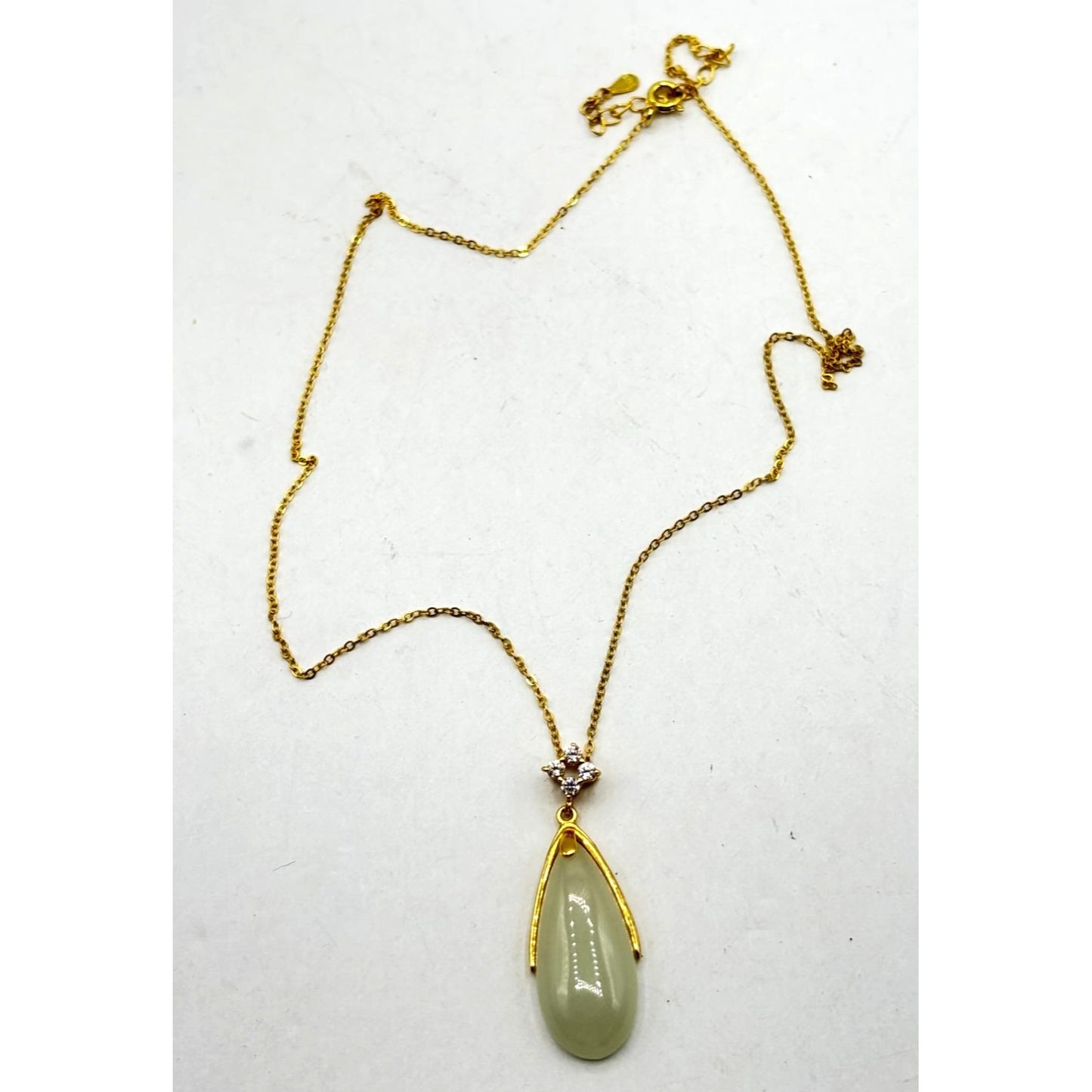 Elegant Jade Teardrop Gold Pendant Necklace With Cubic Zirconia Accent Sterling Silver 925