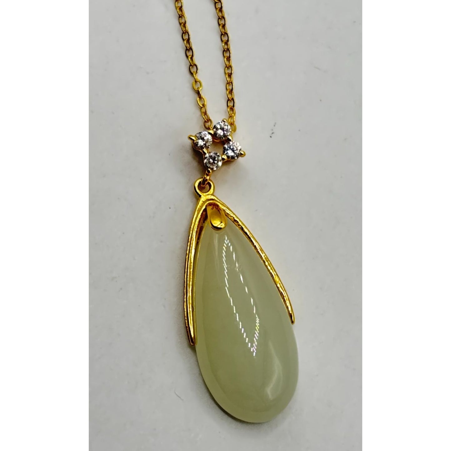 Elegant Jade Teardrop Gold Pendant Necklace With Cubic Zirconia Accent Sterling Silver 925
