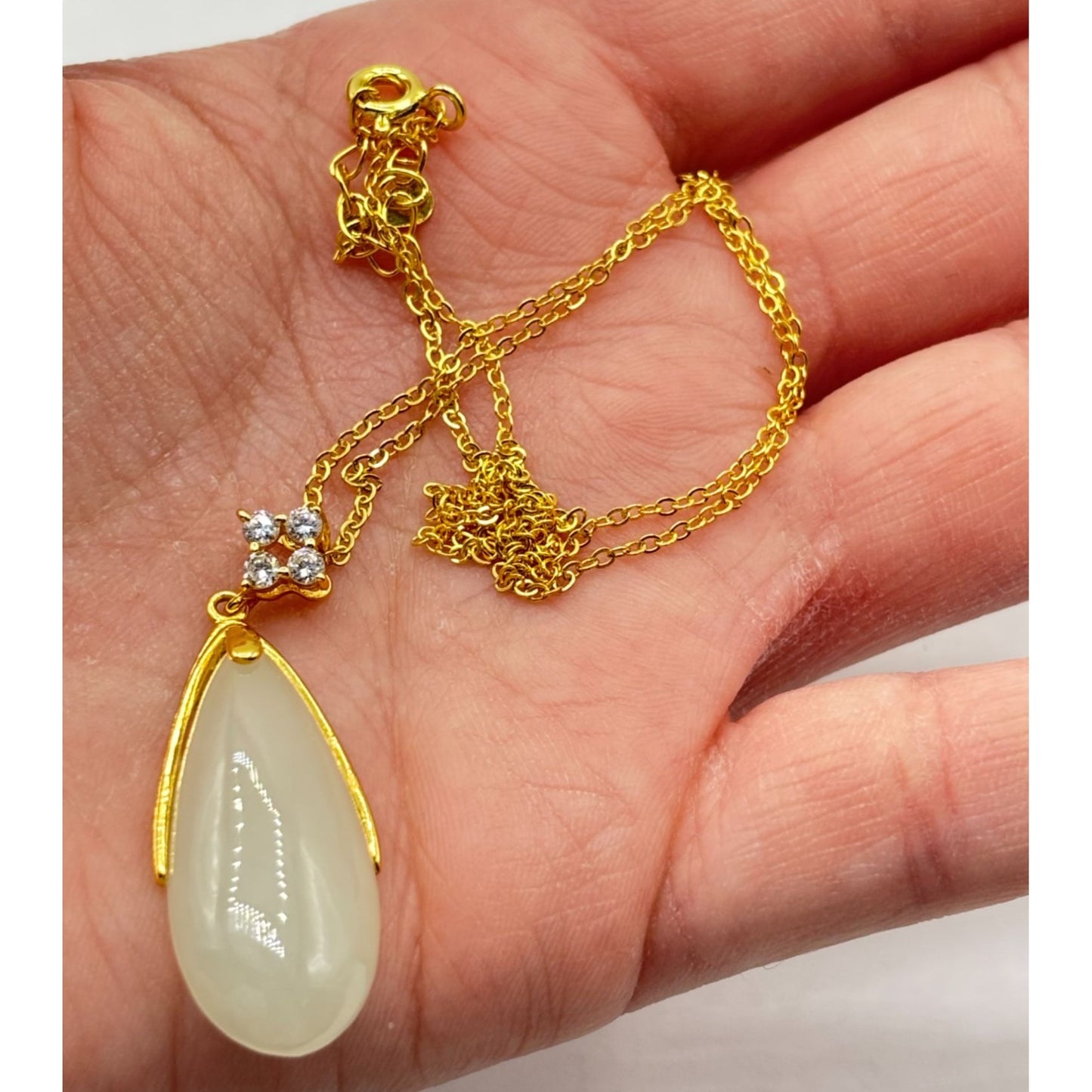 Elegant Jade Teardrop Gold Pendant Necklace With Cubic Zirconia Accent Sterling Silver 925