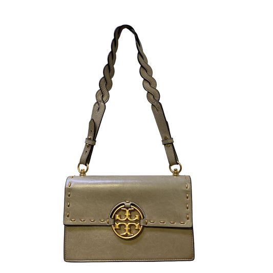 Tory Burch Sand Color Handbag With Gold Logo & Braided Strap Medium