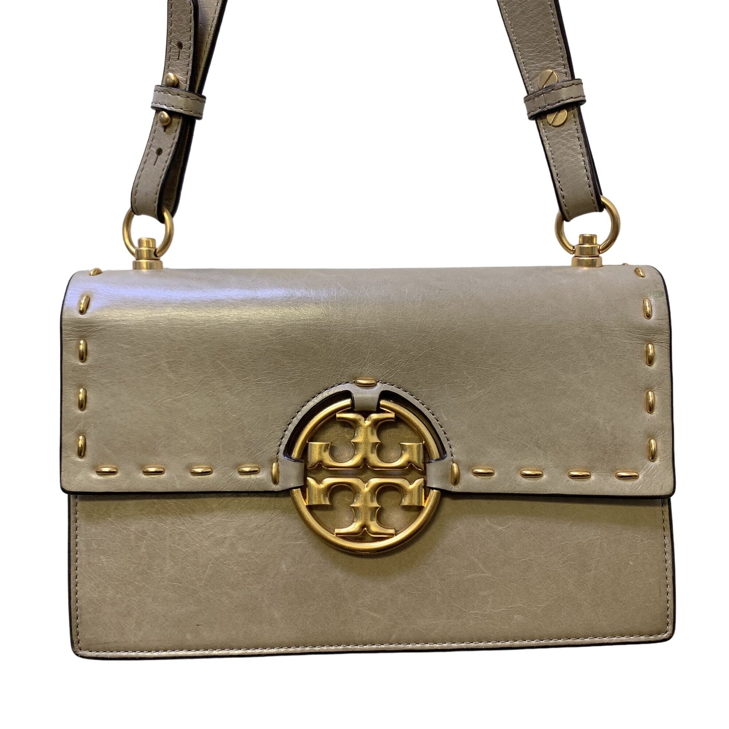 Tory Burch Sand Color Handbag With Gold Logo & Braided Strap Medium