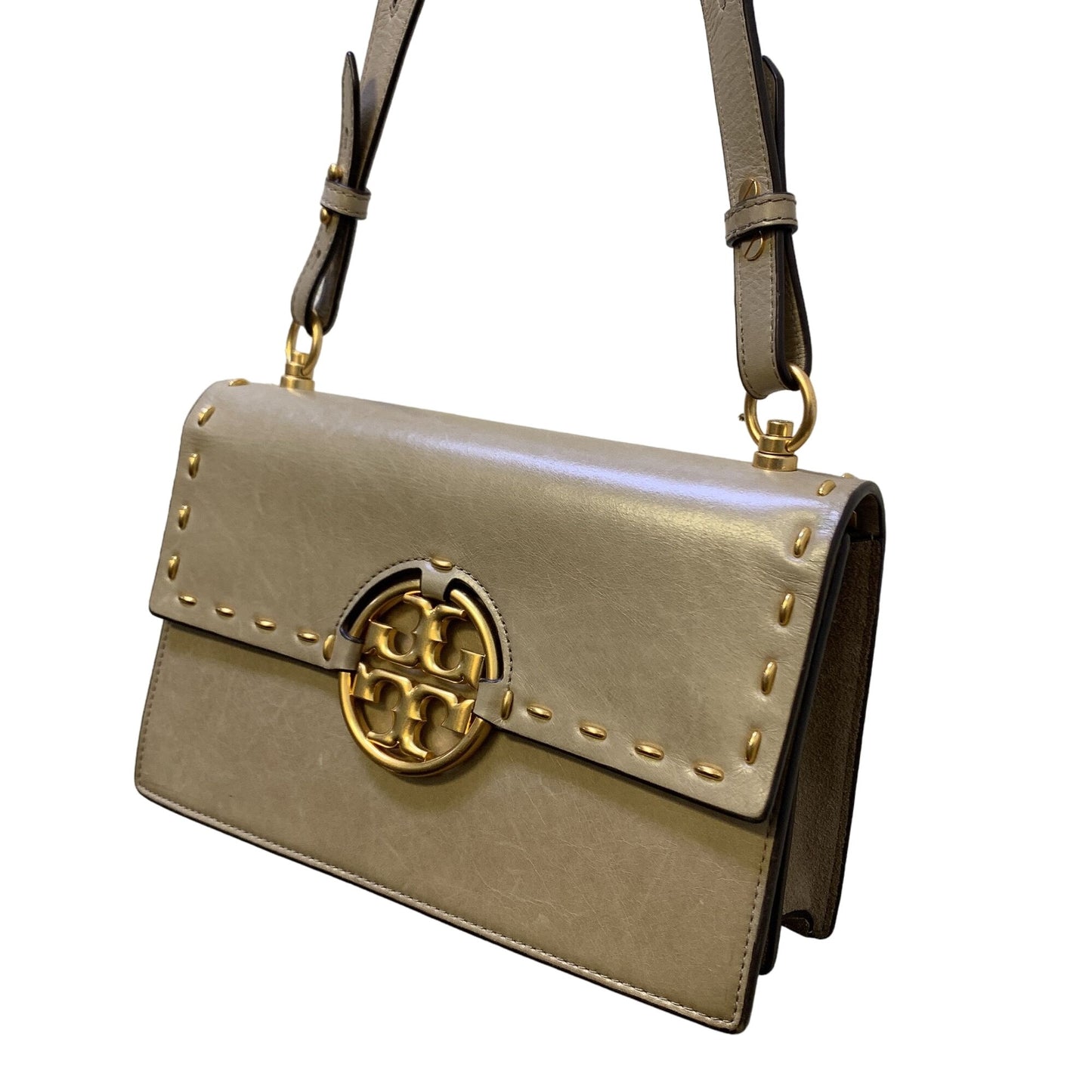 Tory Burch Sand Color Handbag With Gold Logo & Braided Strap Medium