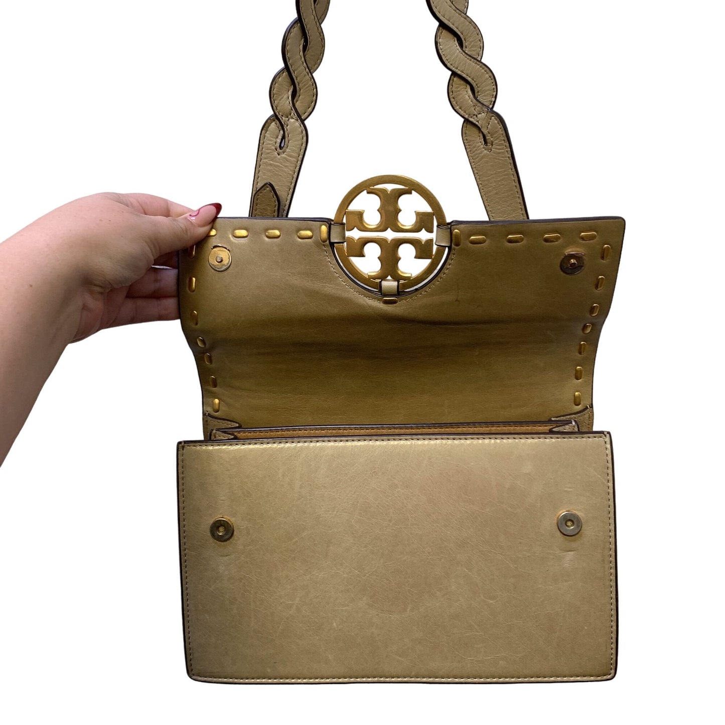 Tory Burch Sand Color Handbag With Gold Logo & Braided Strap Medium