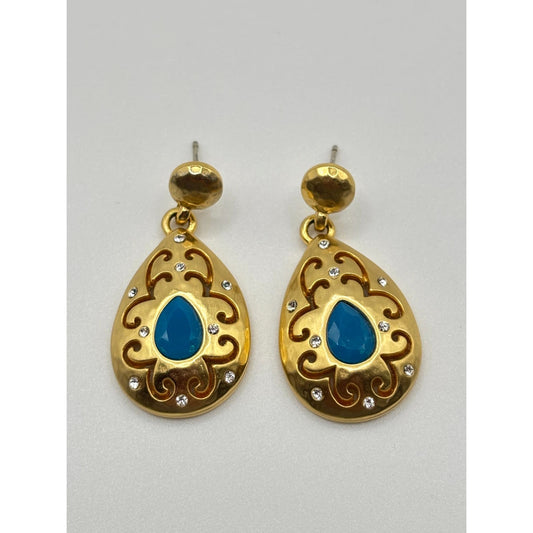 Brighton Versailles Jupiter Gold & Blue Teardrop Earrings With Intricate Scrollwork & Crystal Accents