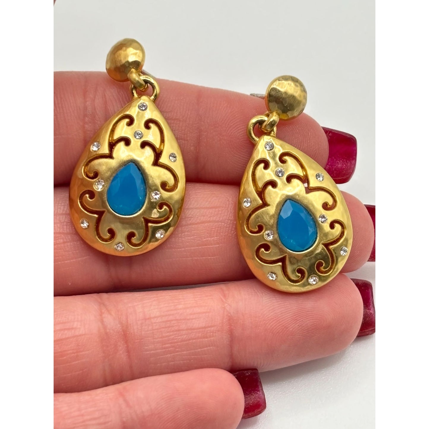 Brighton Versailles Jupiter Gold & Blue Teardrop Earrings With Intricate Scrollwork & Crystal Accents
